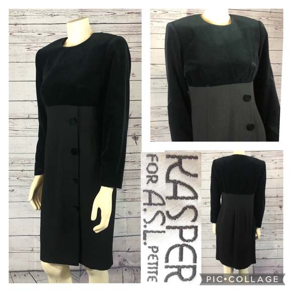 Vintage Kasper ASL Black Velvet Dress with velvet front buttons size 8 p - Picture 3 of 12